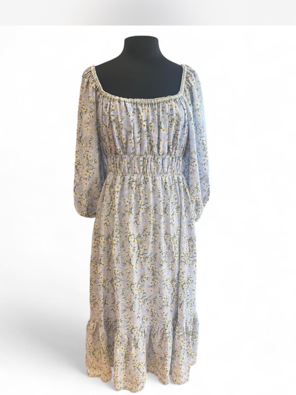 Max Studio Light Blue Floral Smocked Midi Dress